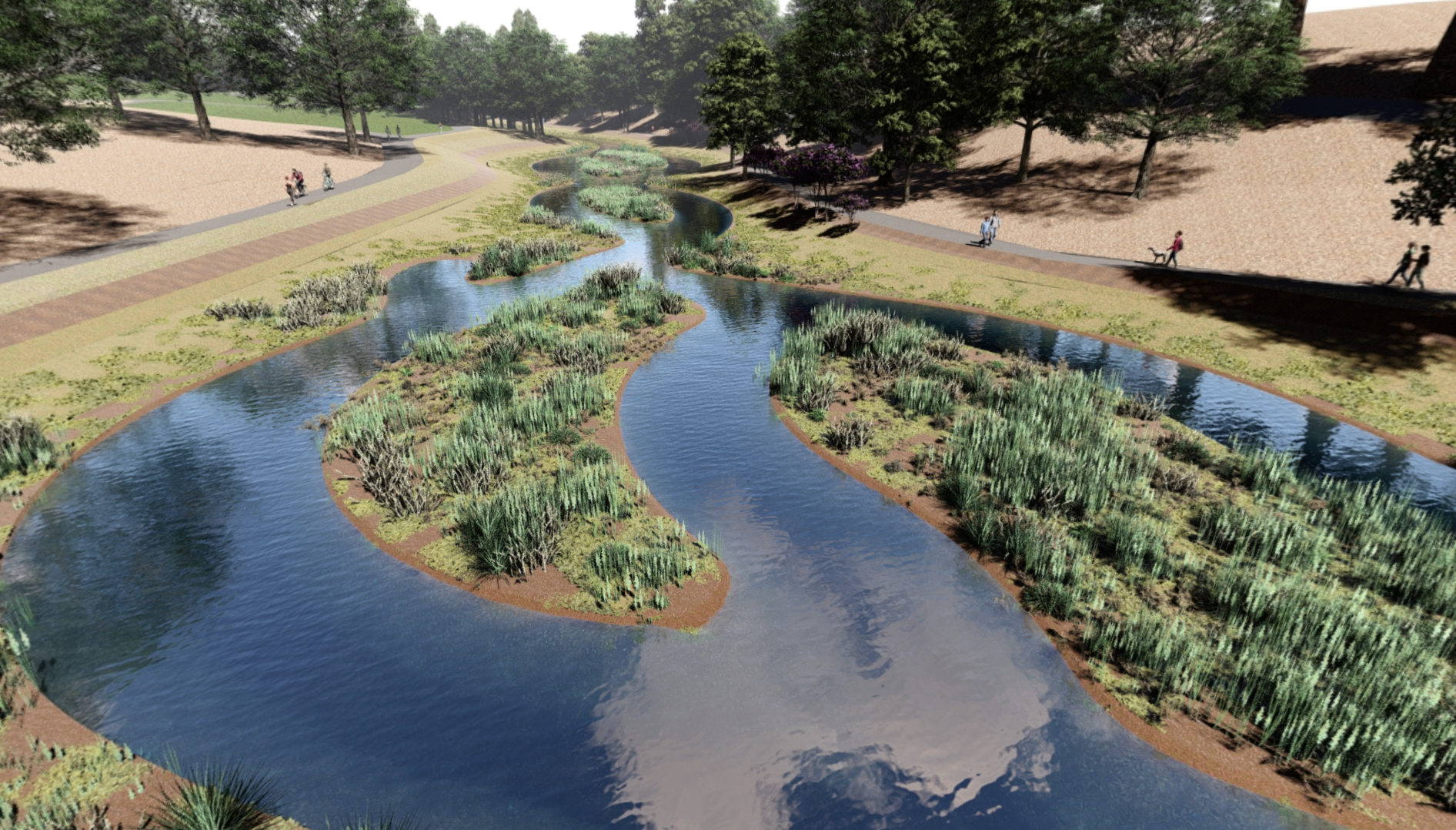 Image of a photorealistic rendering of the floodplain benches and emergent marsh plantings that will be designed into the UC Davis Arboretum Waterway's west end.