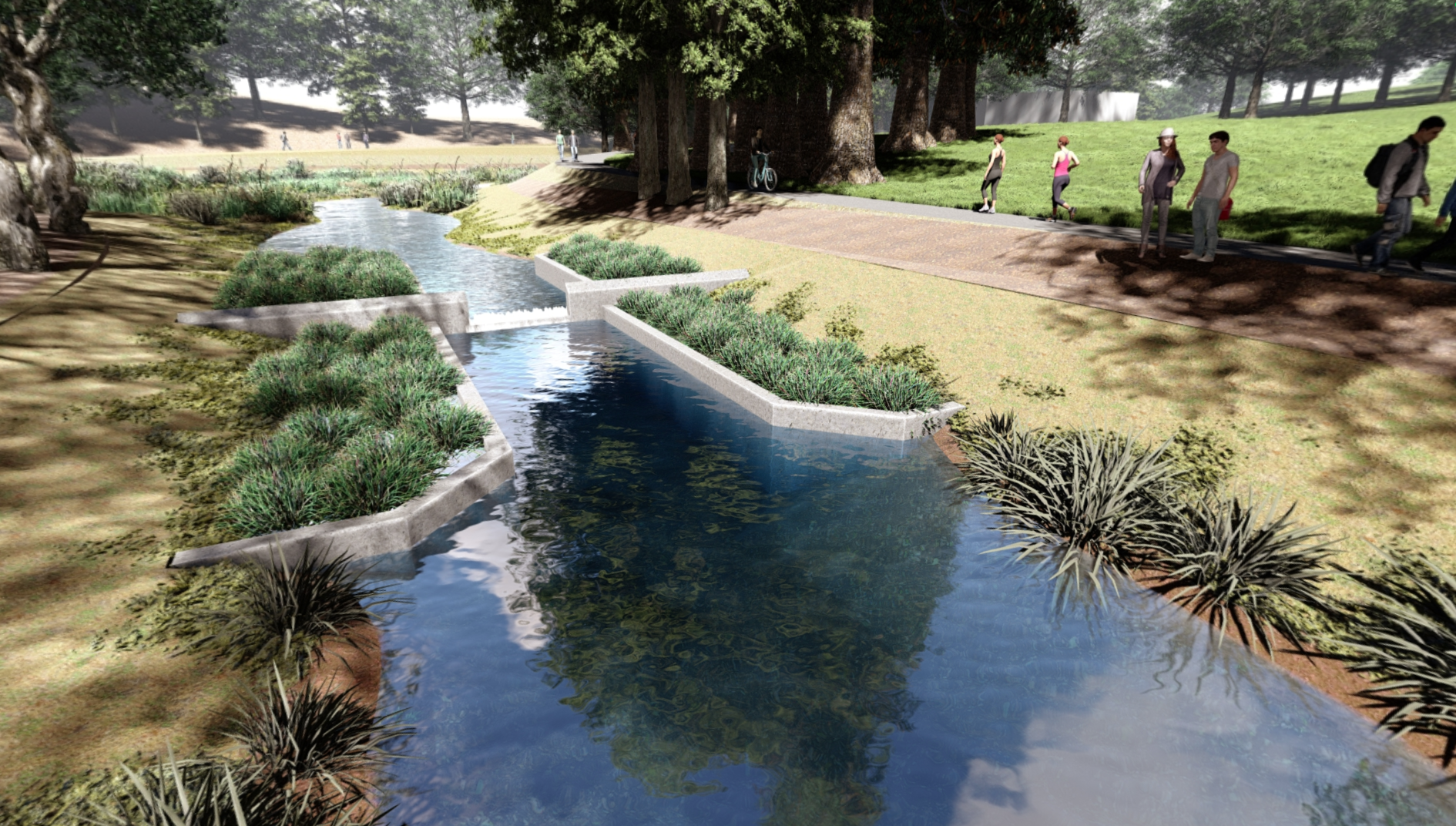 Image of a photorealistic rendering of a weir in the narrow portion of a waterway with landscaping, people and pathways on either side.
