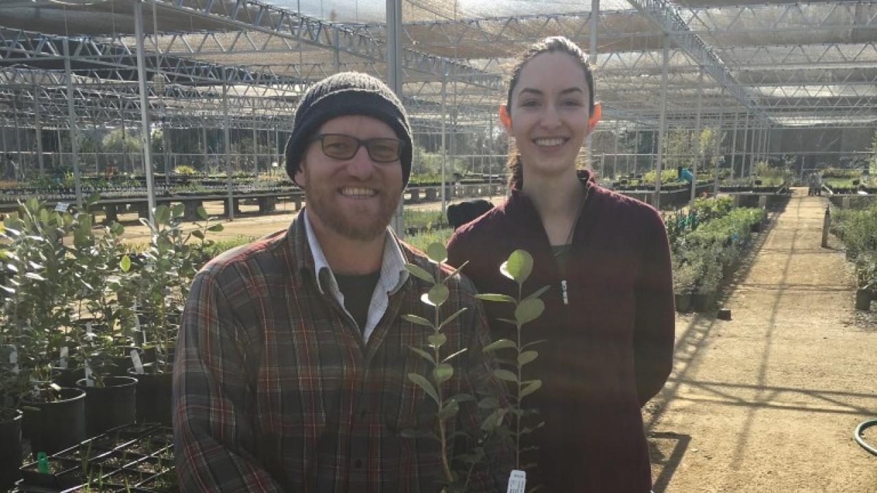 Nursery Manager, Taylor Lewis and Nursery Propagation Intern, Christina Elms at the UC Davis Arboretum Teaching Nursery, maintain healthy plants for upcoming spring plant sales. Taylor Lewis and Christina Elms