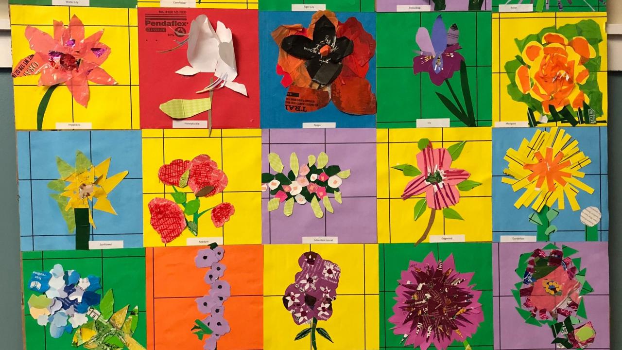 Interpretation of Nature's Gallery Court by second graders at The Foote School in Connecticut whose work is now enlivening the hallways at Columbus House, a nearby homeless shelter. Image of Nature's Gallery Court created by second graders at The Foote School for Columbus House in Connecticut.