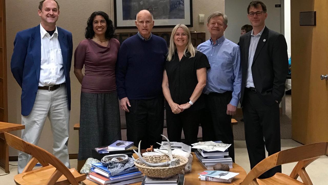 Mary Burke (fourth from left) poses with Dr. David Ackerly (UC Berkeley), Dr. Erika Zavaleta (UC Santa Cruz), Governor Jerry Brown, Todd Keeler-Wolf (CA Department of Fish and Wildlife) and Dan Glusencamp (California Native Plant Society). Image of Mary Burke (fourth from left) poses with Dr. David Ackerly (UC Berkeley), Dr. Erika Zavaleta (UC Santa Cruz), Governor Jerry Brown, Todd Keeler-Wolf (CA Department of Fish and Wildlife) and Dan Glusencamp (California Native Plant Society).