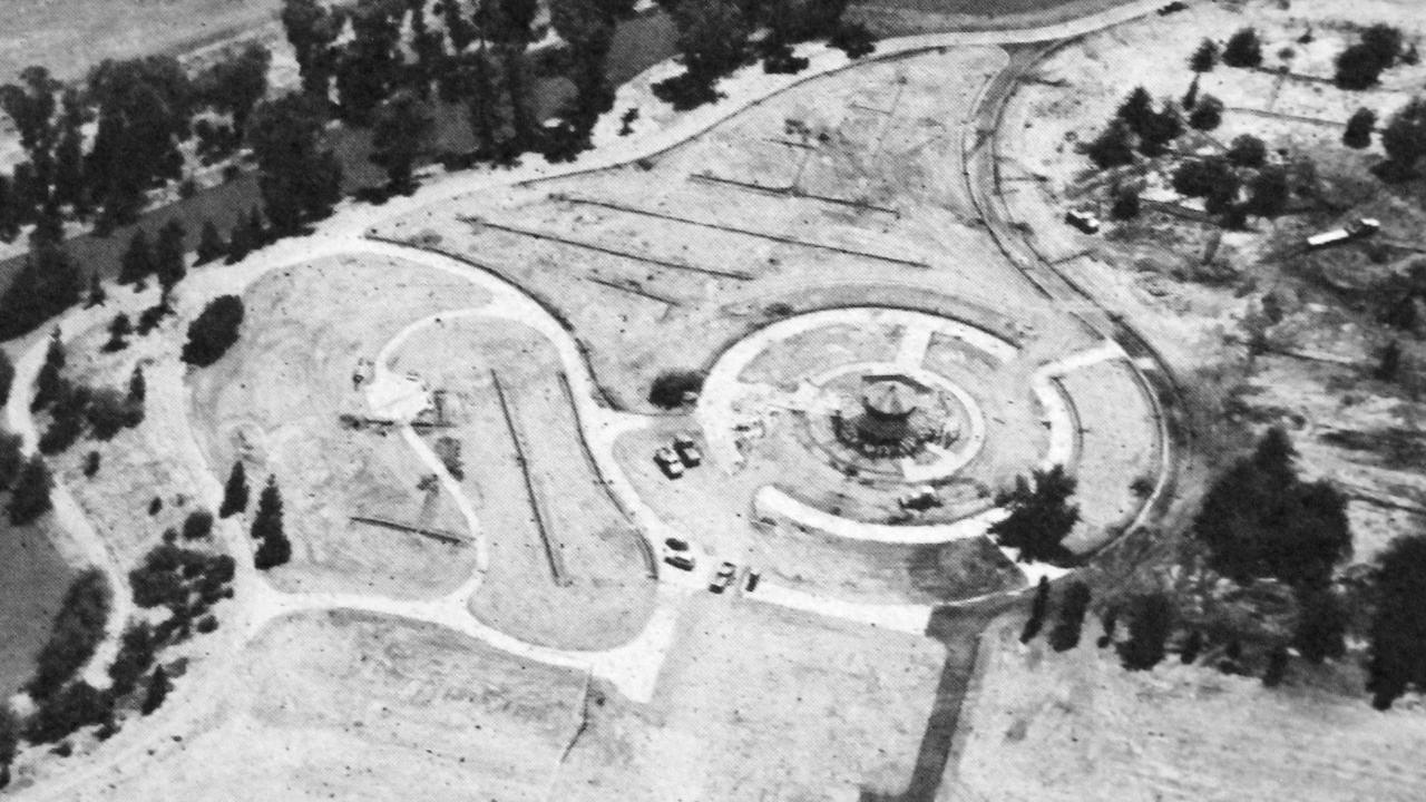 The Gazebo sits on a knoll overlooking the Arboretum waterway. Shields Oak Grove can be seen on the right, the Meditarrean Section to the left, and the sire of the Ruth Storer Garden between the Gazebo and Garrod Drive. (Photo by Steve Lynch) Aerial view of the gazebo construction site.