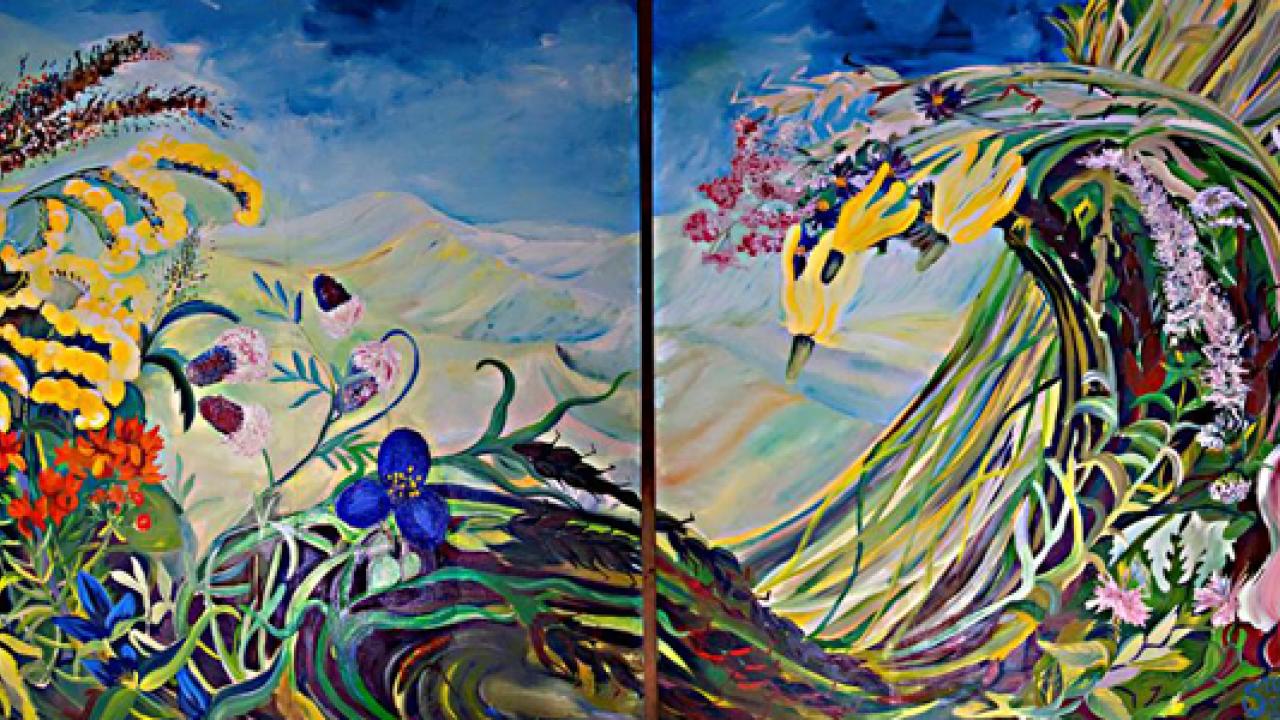 An example of one of Caryl Yasko’s community-created art projects–“Prairie Wave,” Polyette, Wisconsin. colorful painting of flowers, grass, mountains