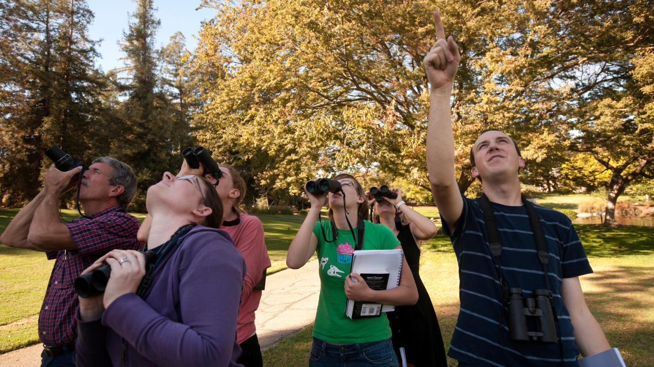 Group of people with binoculars in the Arboretum