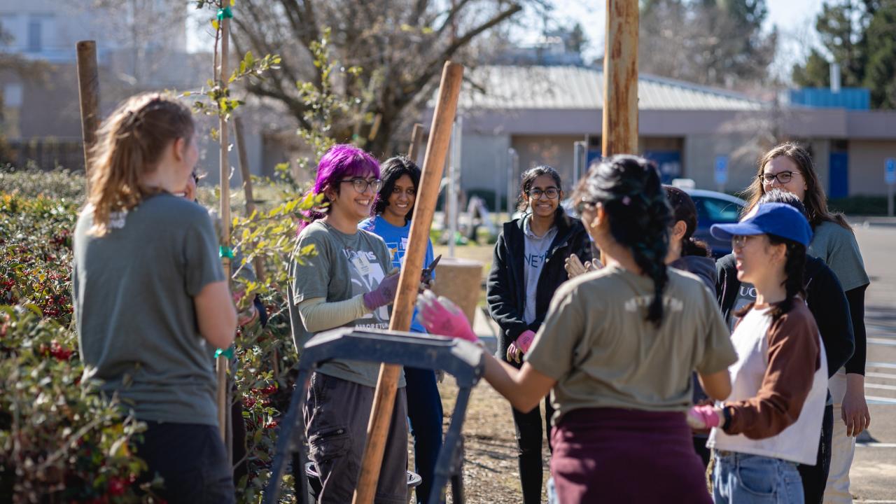 A group of interns stand in a semi-circle prepping for a planting event
