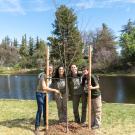 Image of four young women behind a newly planted tree. All are wearing UC Davis Arboretum and Public Garden t-shirts and stand in front of a backdrop that includes Lake Spafford and a lush landscape.