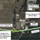 Marked up map of Levee Road and Brooks Road shows test sections, control sections, designated entrances and a tree protection zone