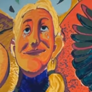 Vibrant mural: smiling blond figure flanked by crowned bird and outstretched wing