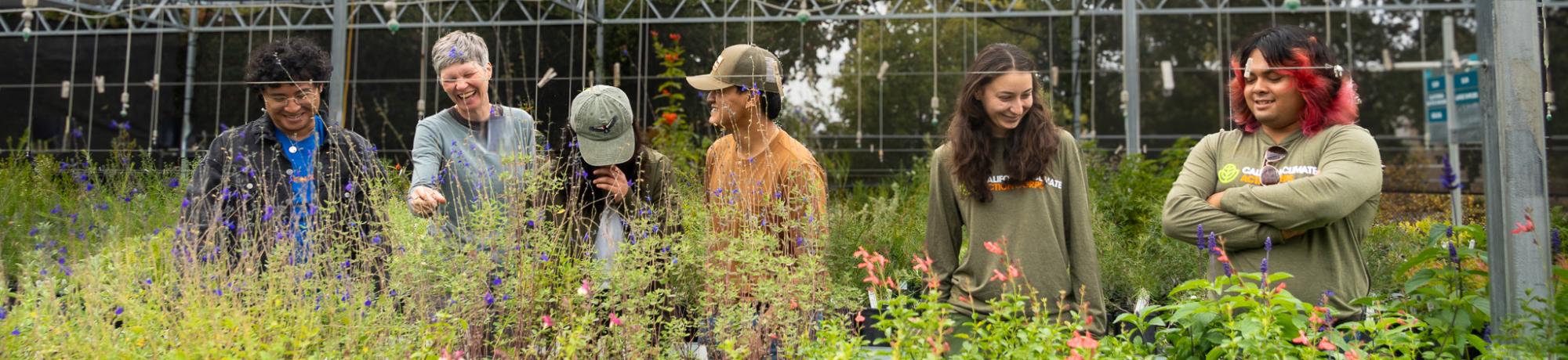 A group of people stand, smiling among rows of plants in a nursery