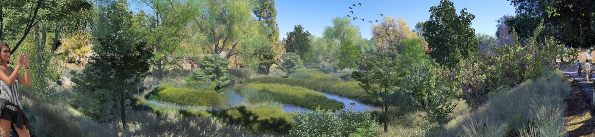 Rendering showing the floodplains and benches slated to be a part of the Arboretum Waterway Flood Protection and Habitat Enhancement Project.